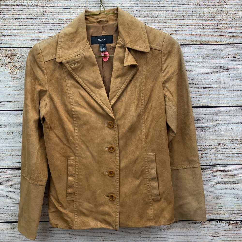 Vintage Alfani Womens Tan Suede Leather 4-Button Front Blazer‎ Jacket
